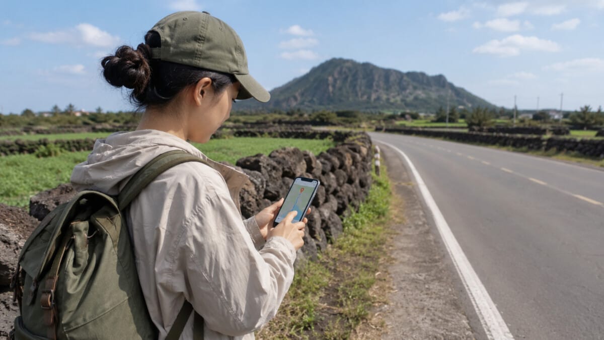 Rental car driving carefully along a narrow rural road between volcanic stone walls on Jeju Island