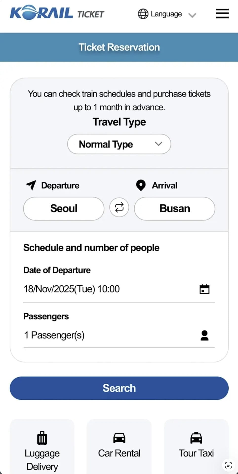 KORAIL website screen for booking KTX tickets in Korea