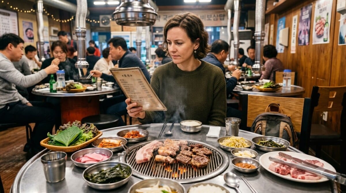 Solo traveler eating Korean barbecue in Seoul