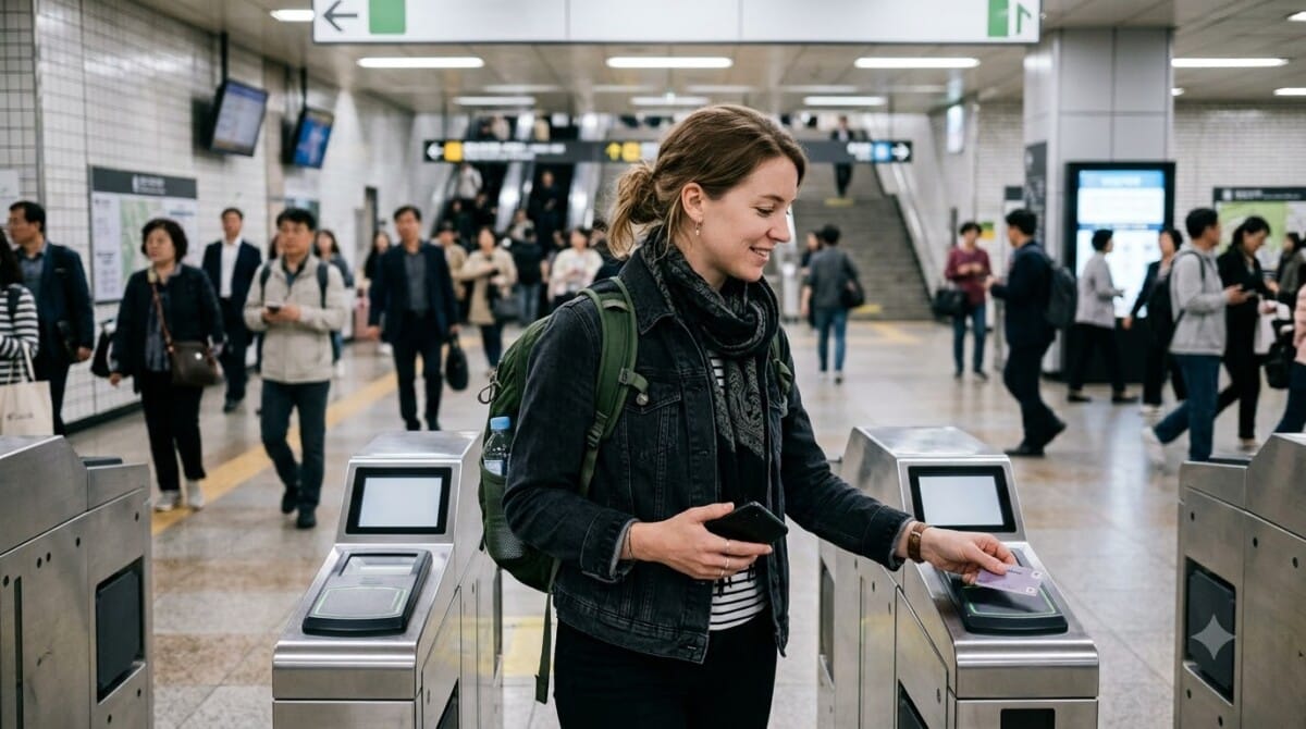 Tourist tapping a transit card at a Seoul subway fare gate