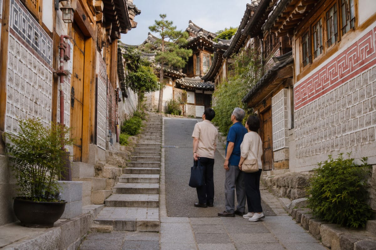 Uphill street and stone stairs in Bukchon Hanok Village in Seoul