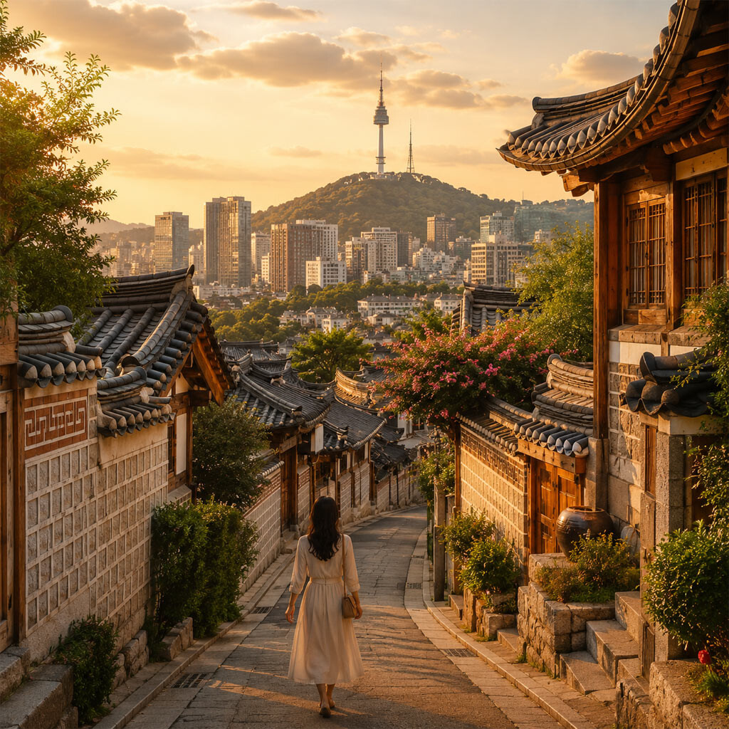 Seoul skyline with N Seoul Tower and traditional Korean hanok at sunset