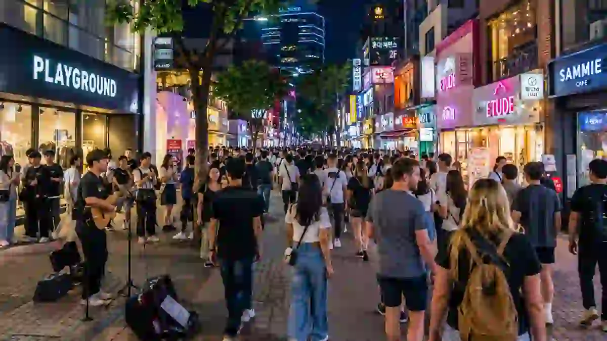 Why Hongdae is popular with tourists? An illustrative evening street scene with local and international visitors in Hongdae, Seoul