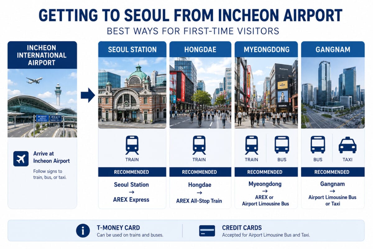 Incheon Airport to Seoul transport options for Seoul Station, Hongdae, Myeongdong and Gangnam