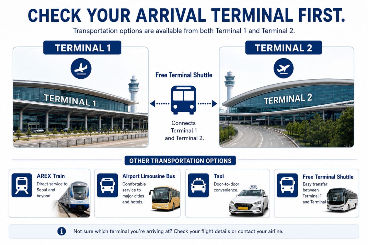 Incheon Airport Terminal 1 and Terminal 2 transport guide for AREX buses taxis and the terminal shuttle