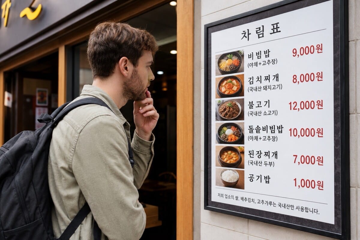Tourist checking a Korean restaurant menu with clearly displayed prices before ordering