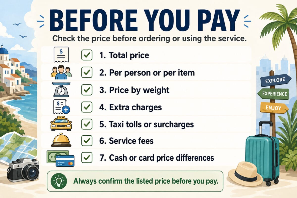 Infographic checklist for tourists to confirm prices and extra charges before paying in Korea
