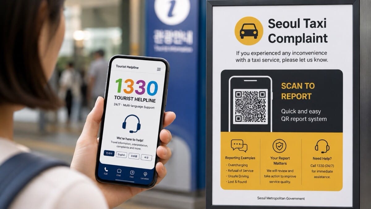 Phone showing 1330 Tourist Helpline beside a Seoul taxi complaint QR sign