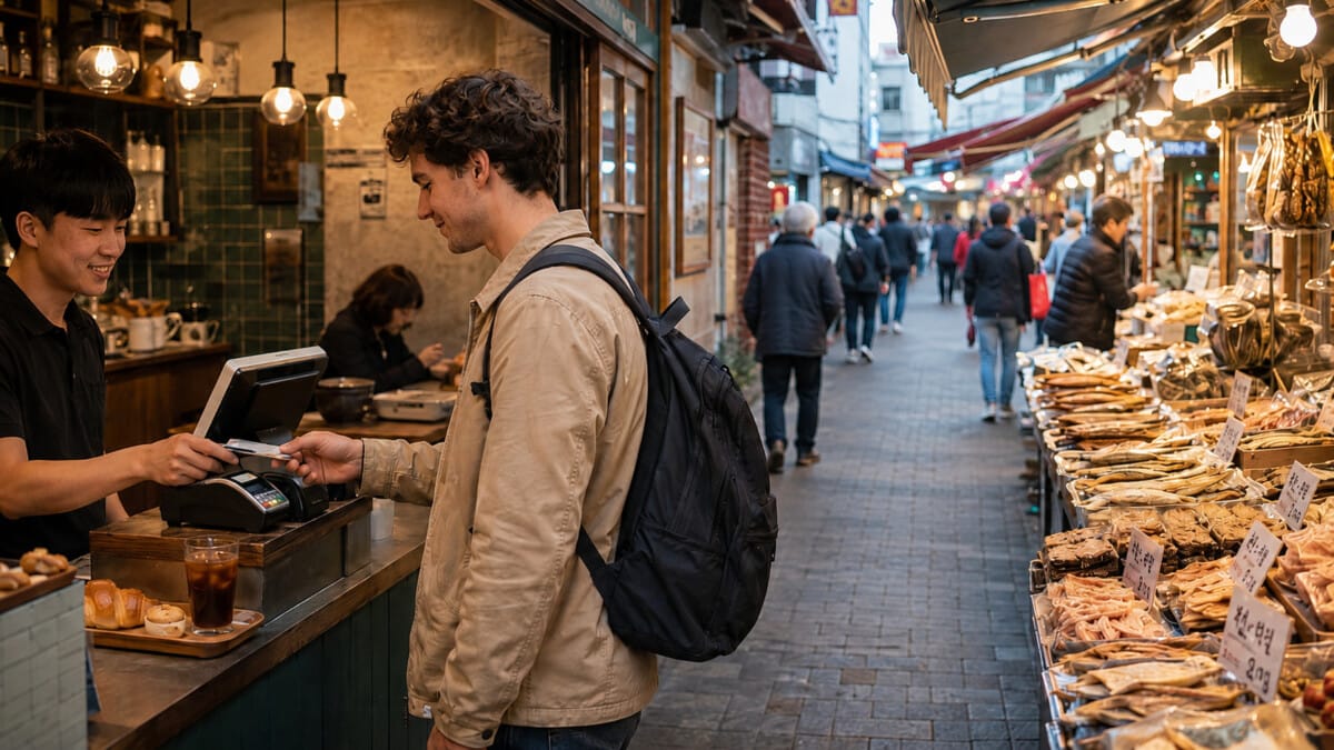 Tourist checking displayed prices at a traditional market in Korea