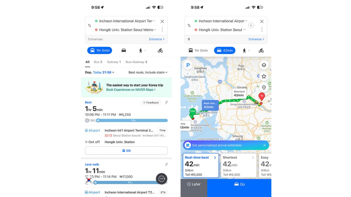 NAVER Map public transport route showing subway and bus steps for a tourist in Korea