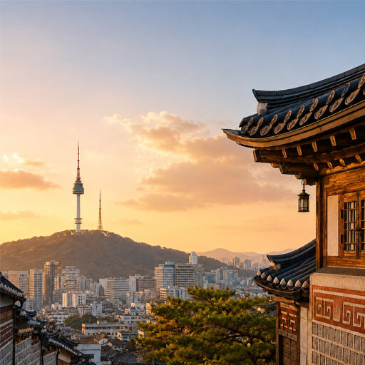 Seoul skyline with N Seoul Tower and traditional Korean hanok at sunset