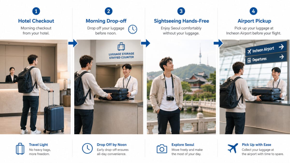 Same-day luggage delivery flow from Seoul hotel checkout to Incheon Airport pickup