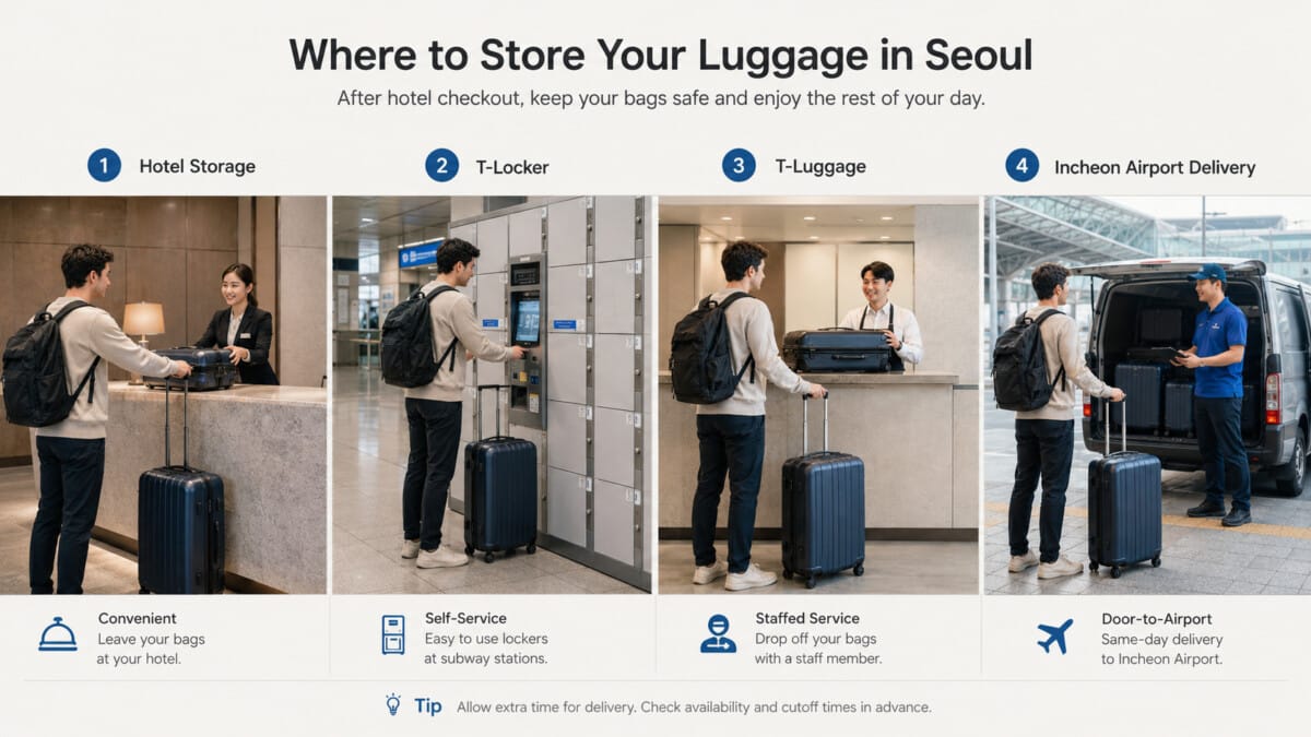 Luggage storage in Seoul after hotel checkout comparison showing hotel storage, T-Locker, T-Luggage, and airport delivery