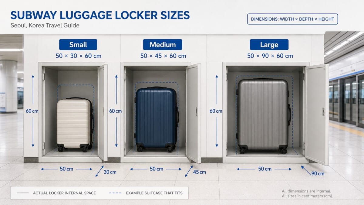 Seoul T-Locker size guide showing small, medium, and large locker dimensions for luggage storage