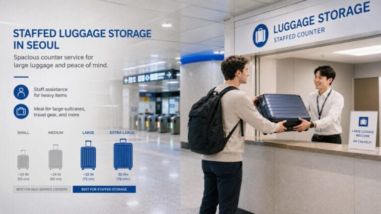 Staffed T-Luggage storage option in Seoul for travelers with large suitcases