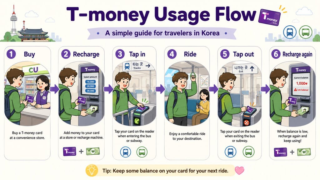 T-money card usage flow in Korea from purchase and recharge to tap in, ride, tap out, and recharge