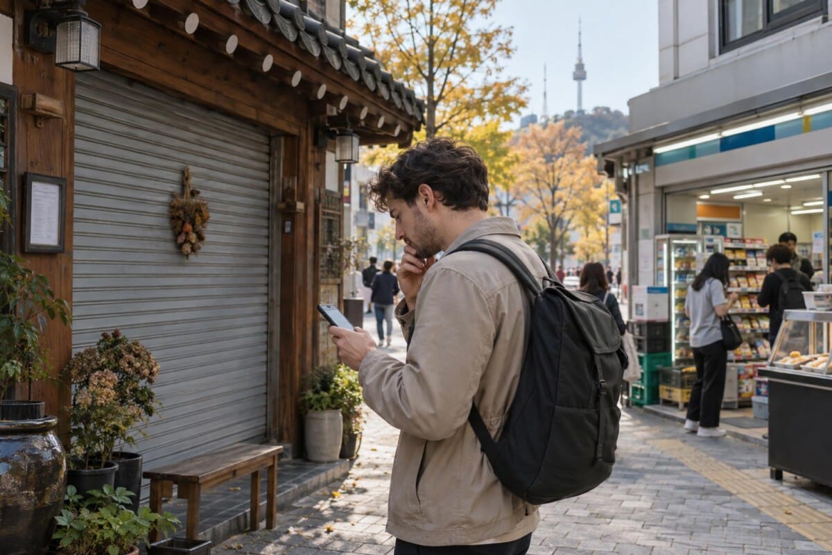 Traveler checking a phone near a closed restaurant in Seoul during Chuseok