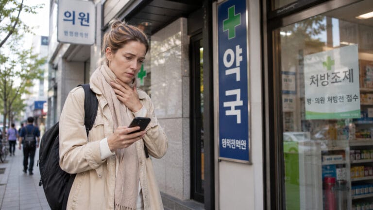 Foreign traveler outside a Korean pharmacy while feeling unwell