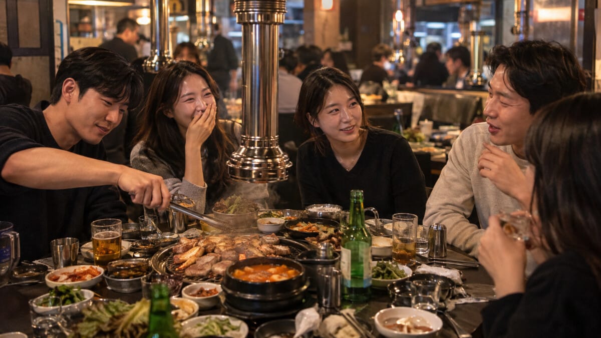 Friends sharing Korean food and drinks during a Seoul night out