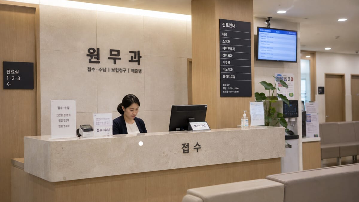 Illustrative Korean clinic reception desk with registration counter