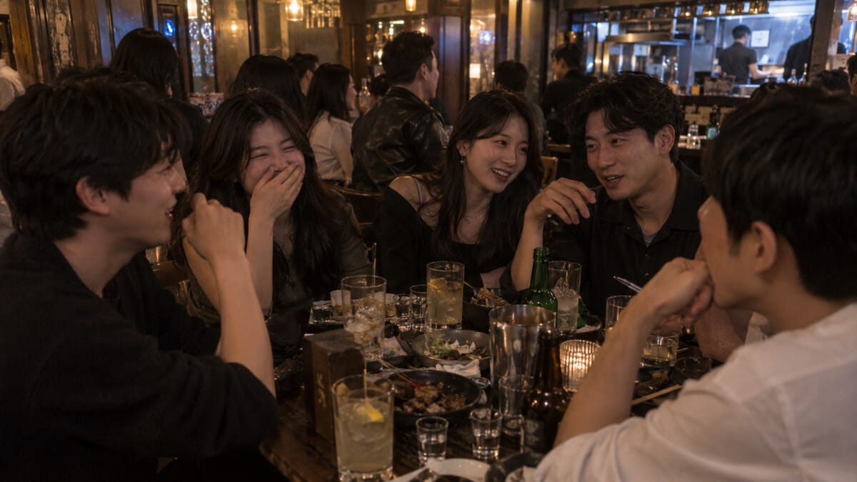 Friends talking over drinks at a Seoul bar during the second round of a night out