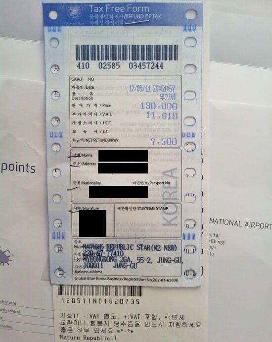Example of a tax refund form or voucher used for tourist shopping in Korea