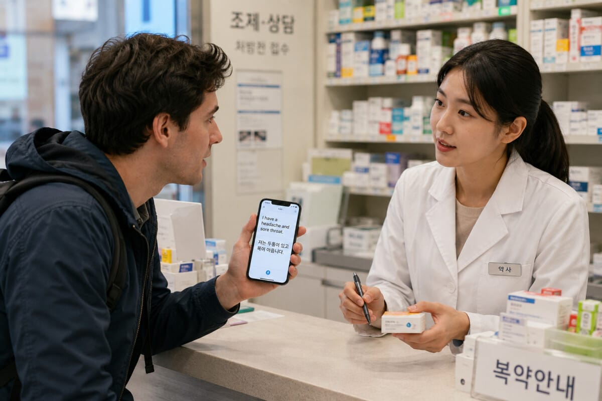 Foreign traveler using a translation app with a Korean pharmacist
