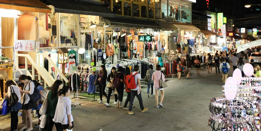 Crowded nightlife street in Hongdae, Seoul