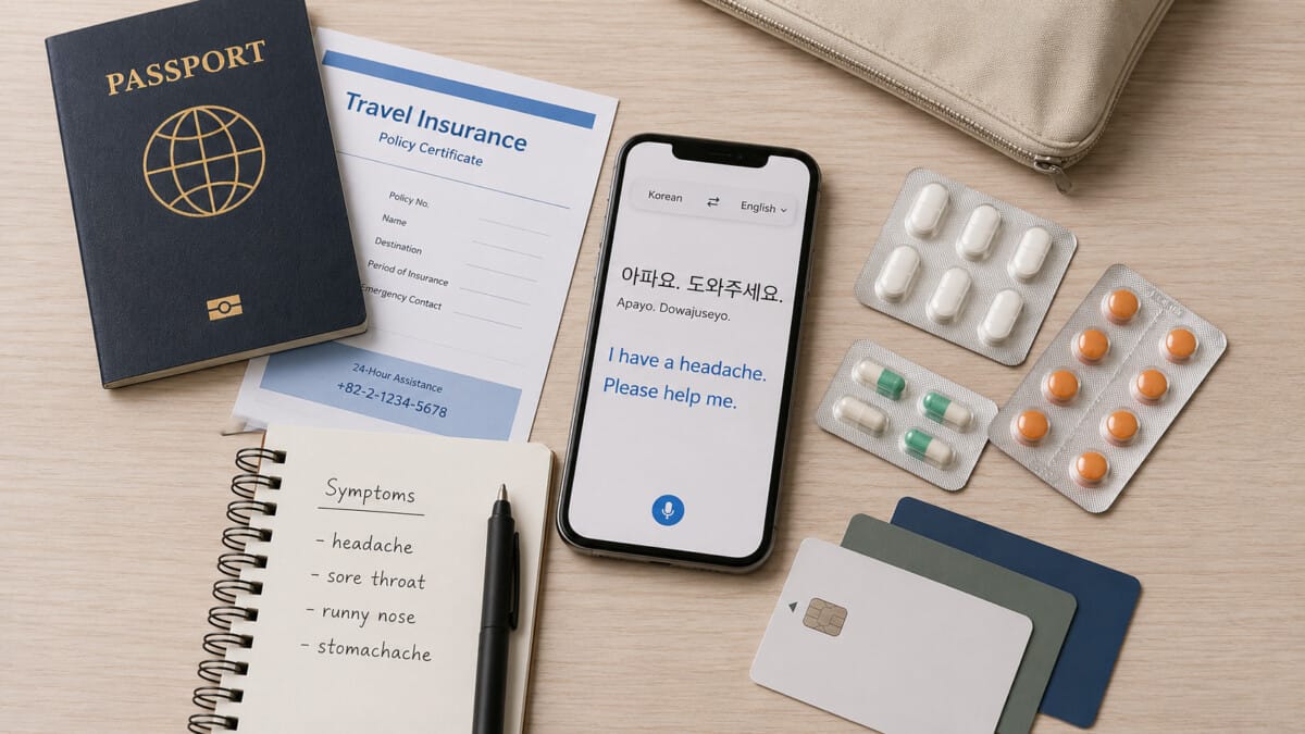 Passport, travel insurance, medicine, symptom notes and payment cards prepared for a medical visit in Korea