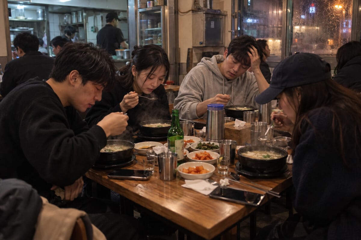 Friends eating hot Korean soup at the end of a late-night outing in Seoul