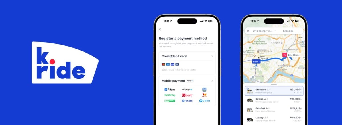k.ride app screens showing overseas card registration and taxi fare options in Korea