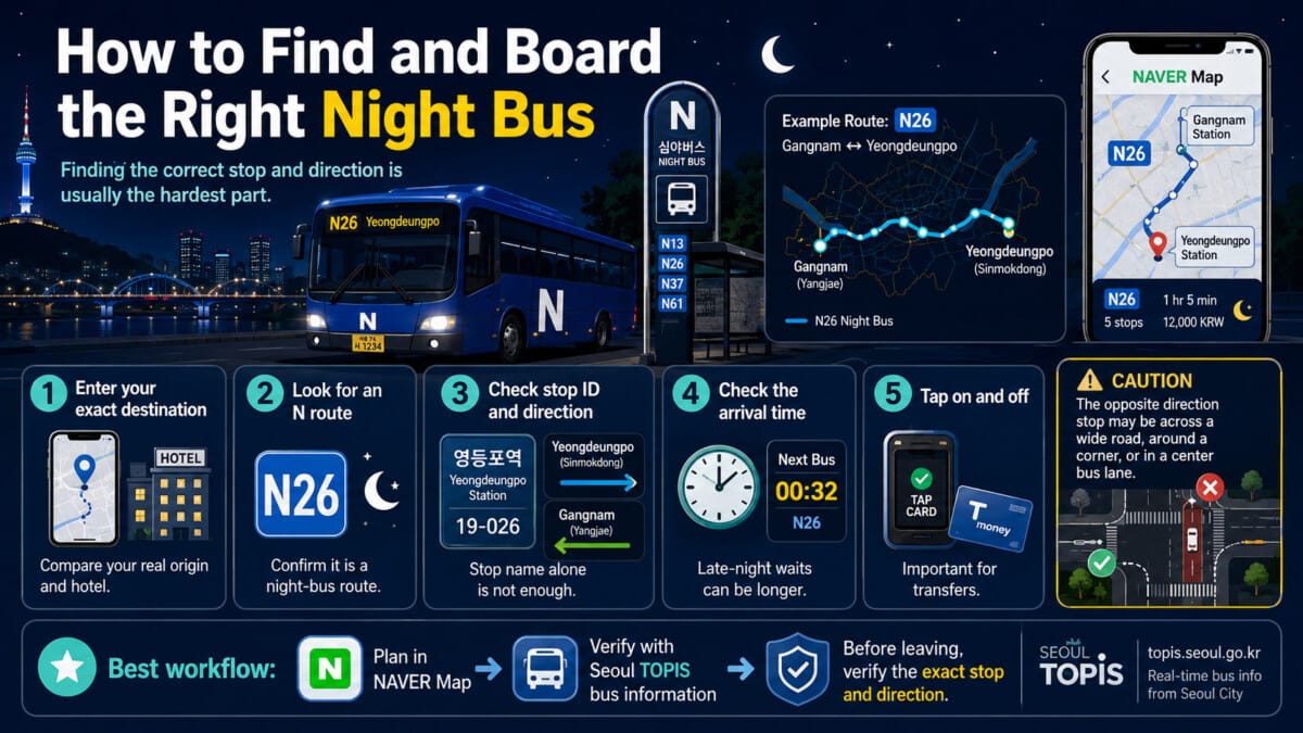 Infographic showing how to find the correct Seoul N night bus stop, direction and arrival time