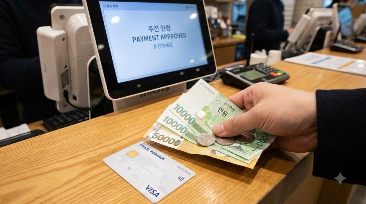 Korean won cash beside a card payment terminal