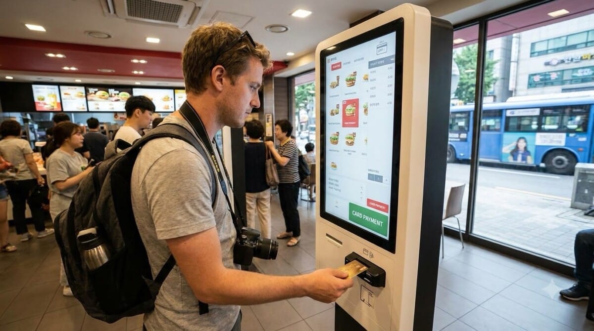 Traveler using a self-service payment kiosk in Korea
