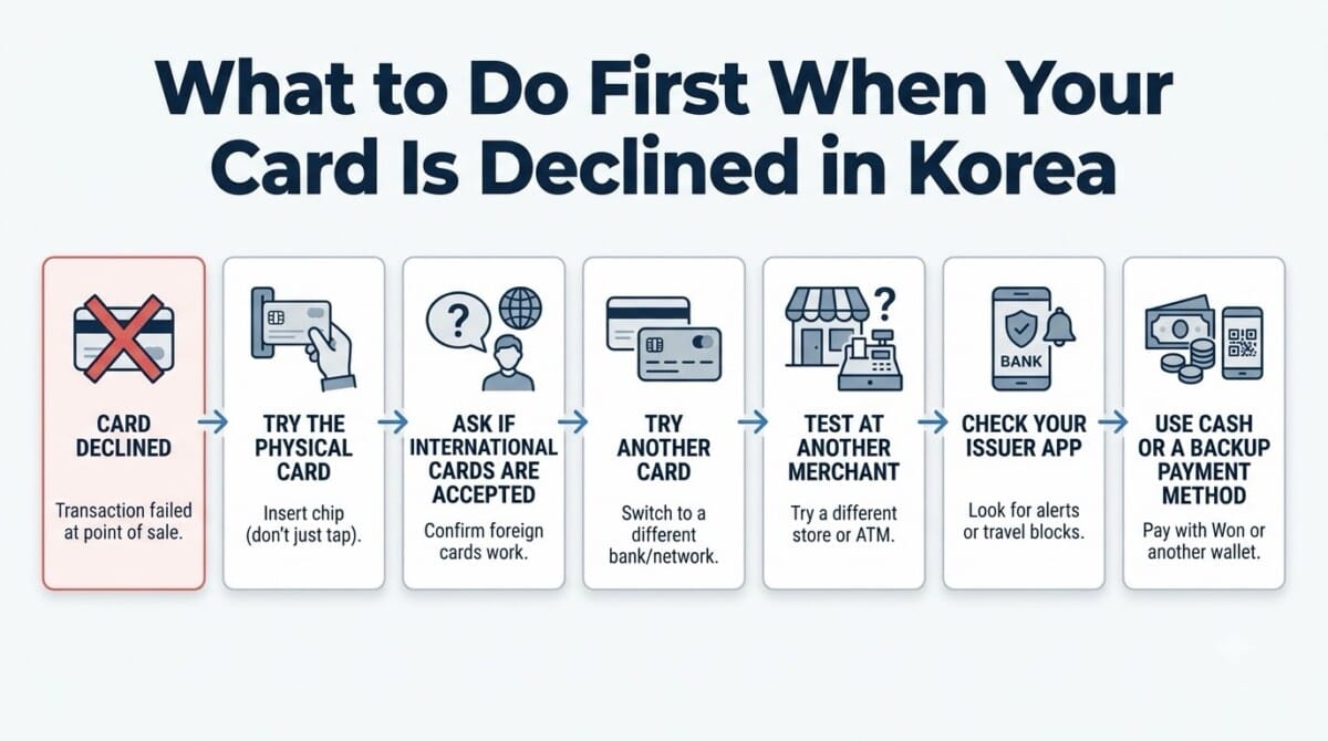 Infographic showing what to do first when a foreign card is declined in Korea