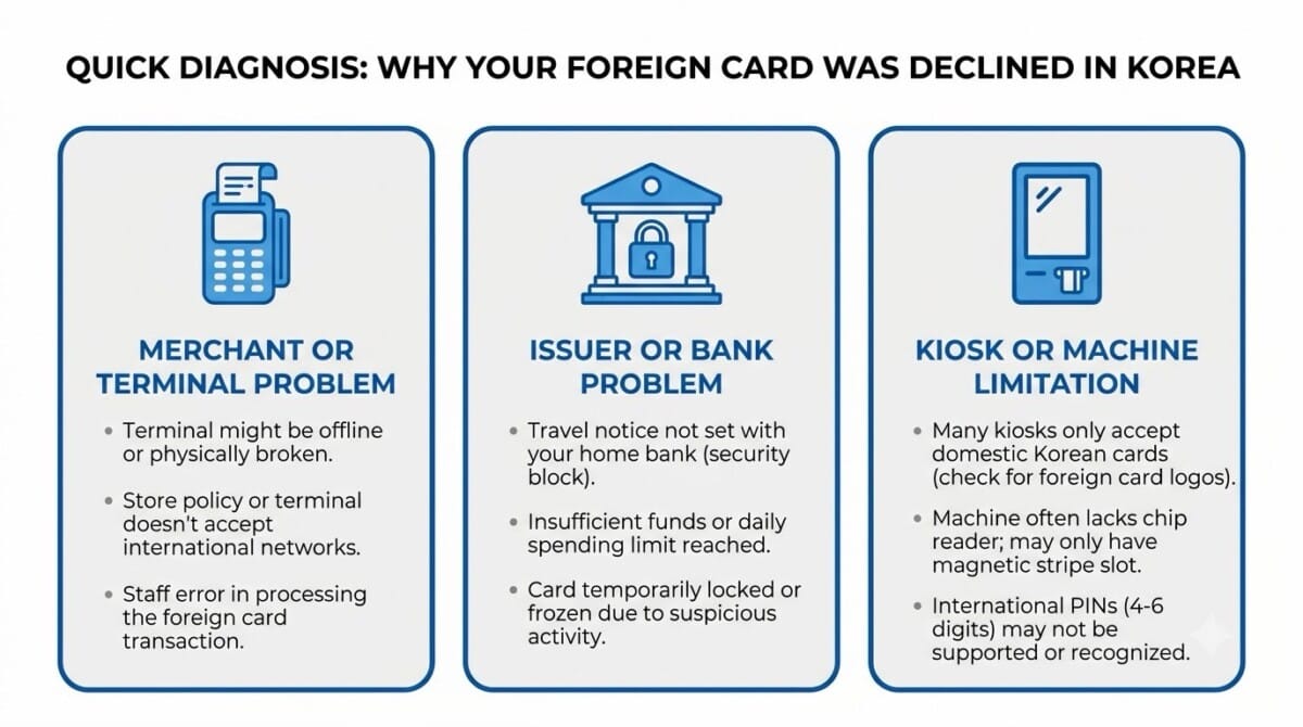 Infographic explaining common reasons a foreign card may be declined in Korea