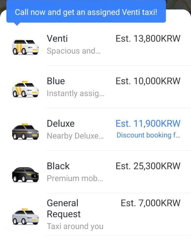 Kakao T taxi screen showing Venti, Blue, Deluxe, Black and General Request vehicle options