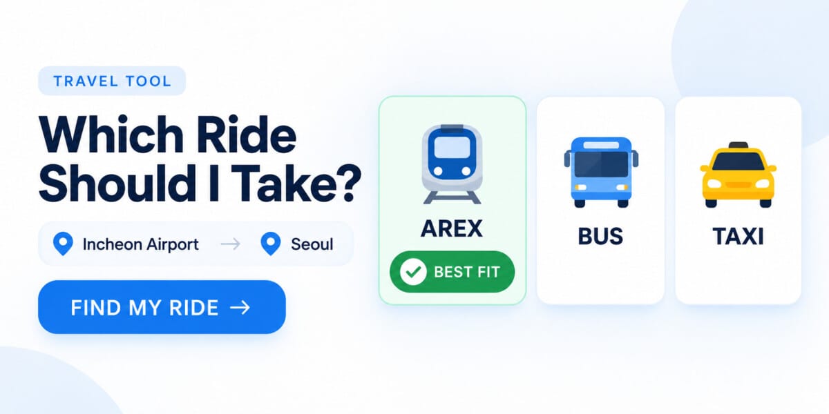 Incheon Airport Transport Chooser travel tool banner comparing AREX, airport bus and taxi options for Seoul