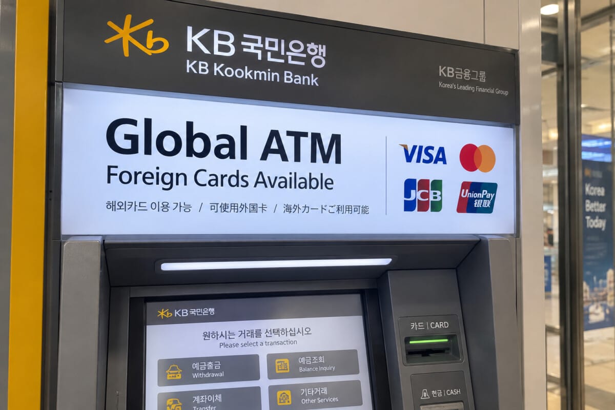 Global ATM sign in Korea showing foreign card support and international card logos