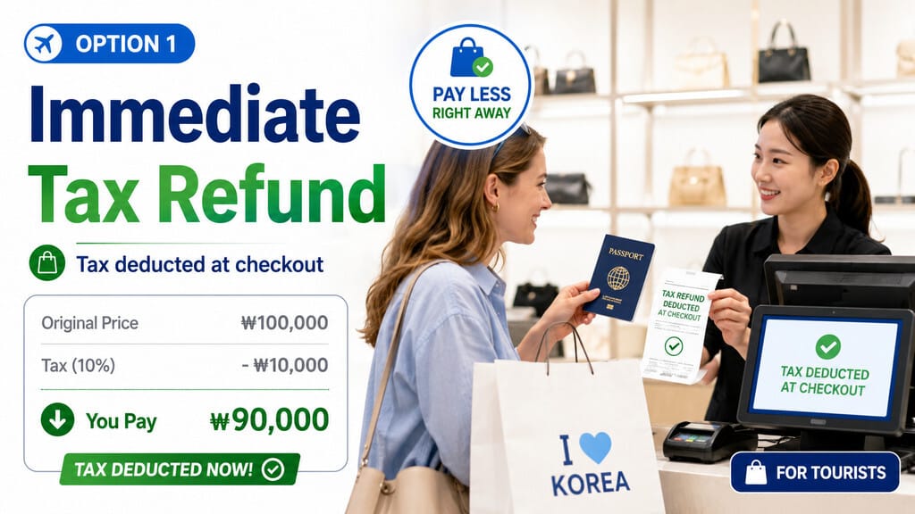 Illustration of a tourist receiving an immediate tax refund at checkout in a Korean store