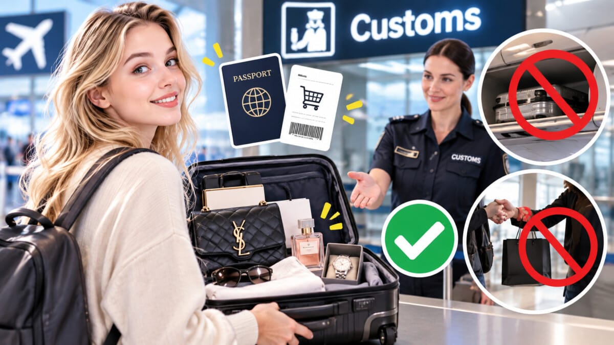 Illustration of a traveler keeping tax refund goods in carry-on baggage for possible customs inspection in Korea