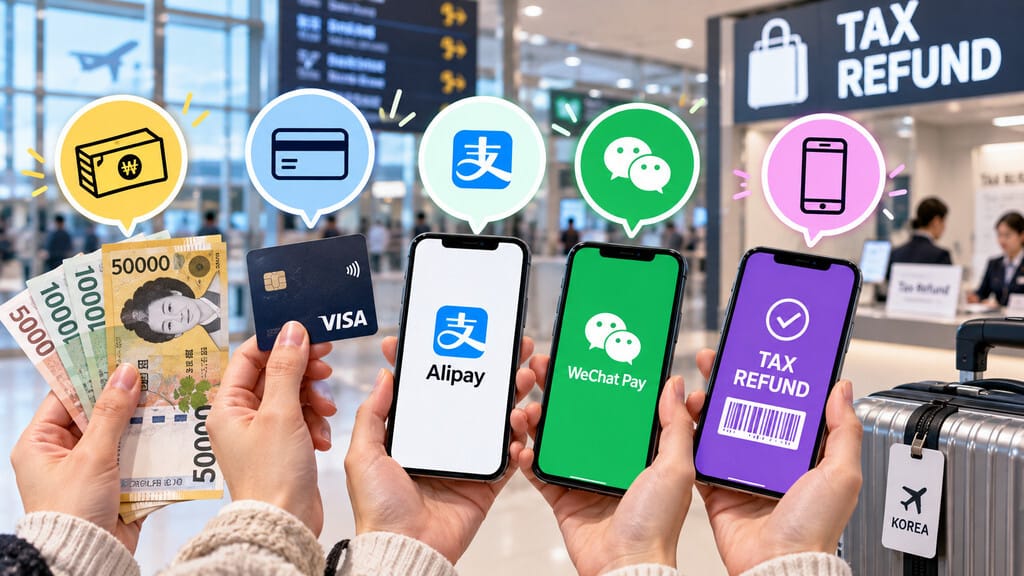 Illustration of cash, credit card and mobile payout options for tourist tax refunds in Korea