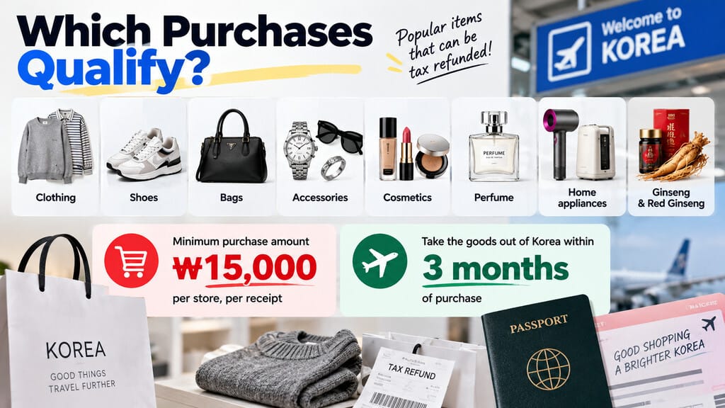 Illustration of clothing, cosmetics, bags and other goods that may qualify for a tourist tax refund in Korea