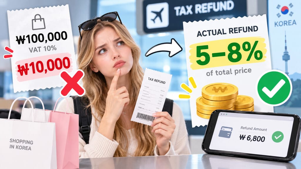 Illustration explaining why tourist tax refunds in Korea are usually about 5 to 8 percent rather than the full 10 percent VAT