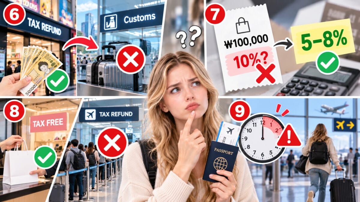 Illustration of Korea tax refund airport mistakes including skipping customs confirmation, expecting a full 10 percent refund and arriving too late