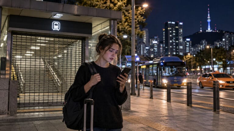 Traveler outside a Seoul subway station at night after missing the last train