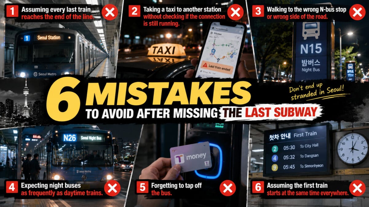 Infographic showing six common mistakes travelers make after missing the last subway in Seoul