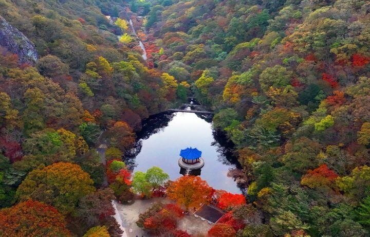 Uhwajeong Pavilion at Naejangsan surrounded by autumn foliage