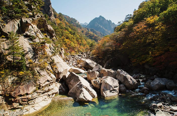 Rocky valley in Seoraksan National Park with autumn foliage and clear mountain water