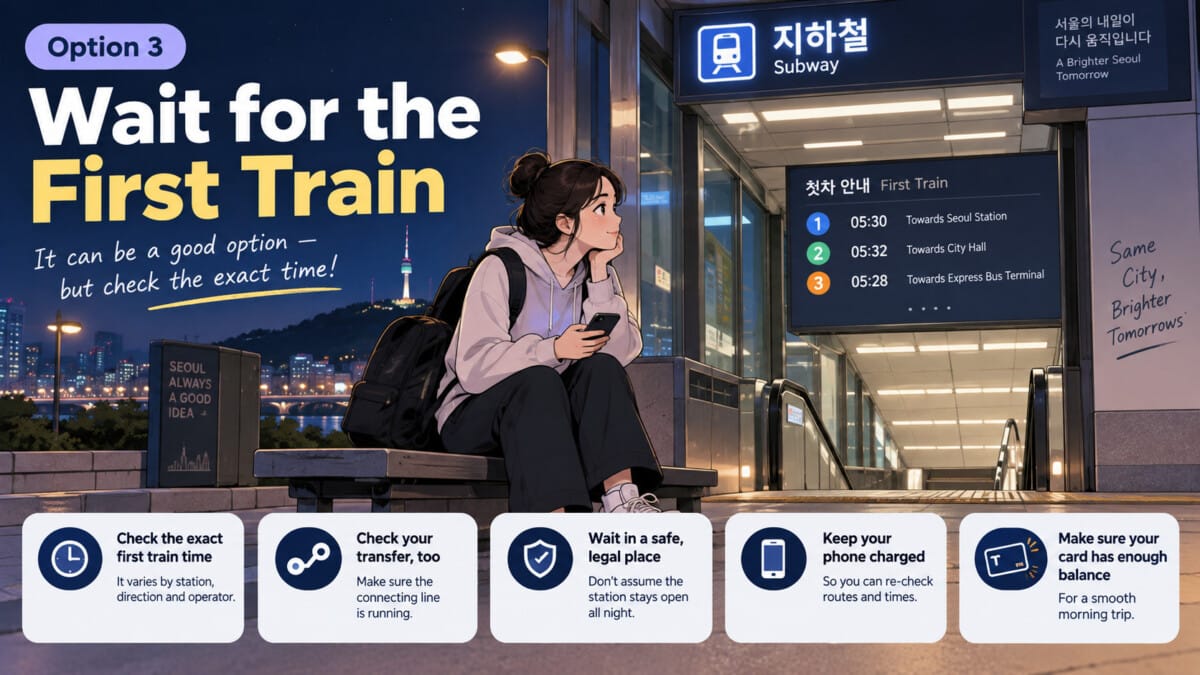 Infographic showing a traveler waiting safely for the first Seoul subway and checking the exact first train time